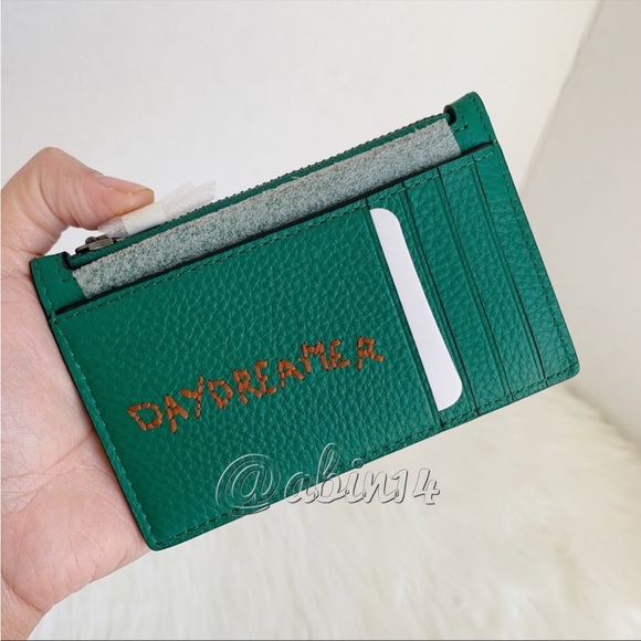NWT Coach Zip Card Case in Green Leather with Diary Embroidery - Picture 6 of 8